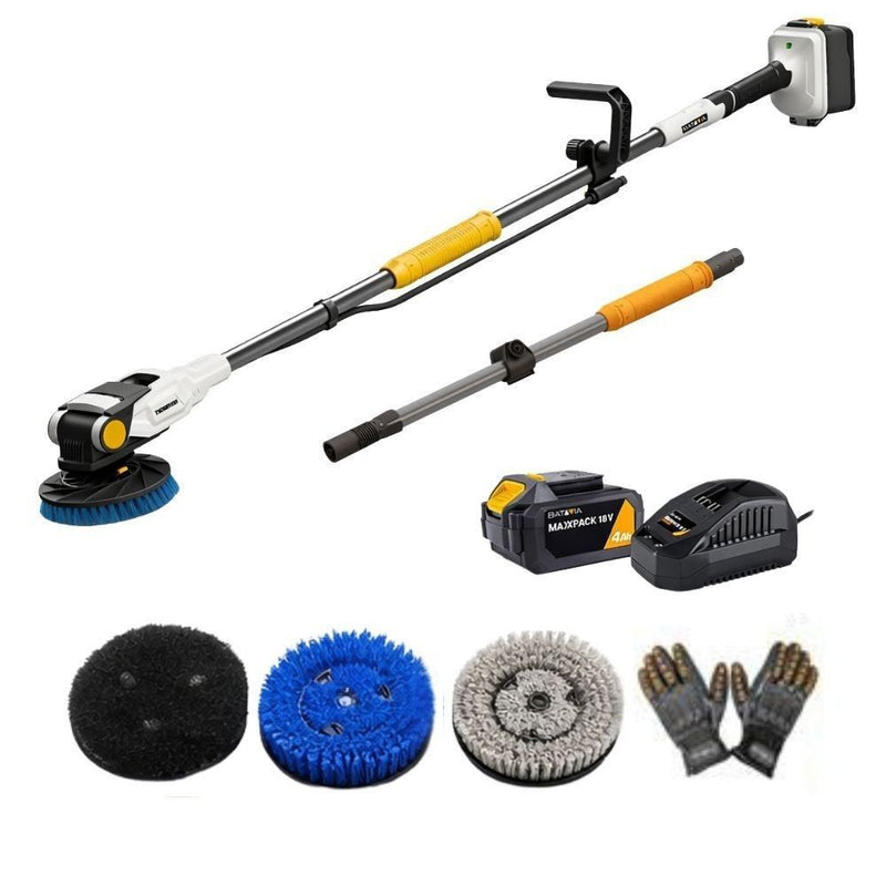 Load image into Gallery viewer, 18V Twin Brush - Cordless Brushless Power Scrubber - Incl. 4.0Ah Battery & Fast Charger + 3 Brushes, Extension Pole and Work Gloves
