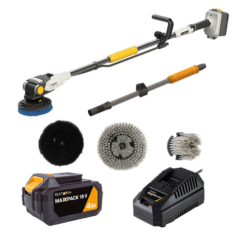 Cargue la imagen en el visor de la galería, Twin Brush 18V - Cepillo Rotativo de Limpieza de Batería sin Escobillas - Incl. Batería de 4,0 Ah y cargador rápido + 3 cepillos y palo extensible