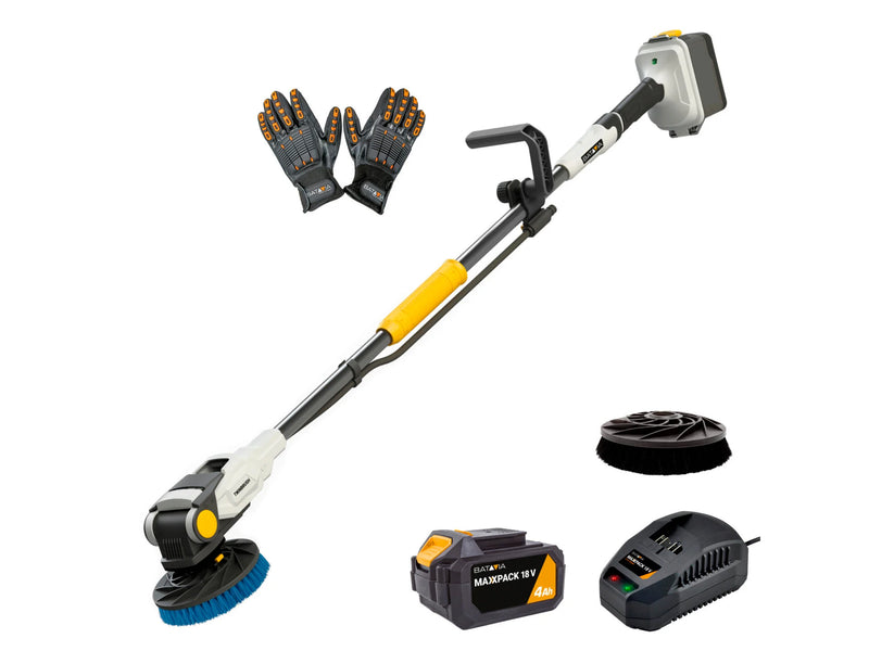 Laden Sie das Bild in Galerie -Viewer, Gardening tool set with brush cutter, gloves, battery, and charger on a white background