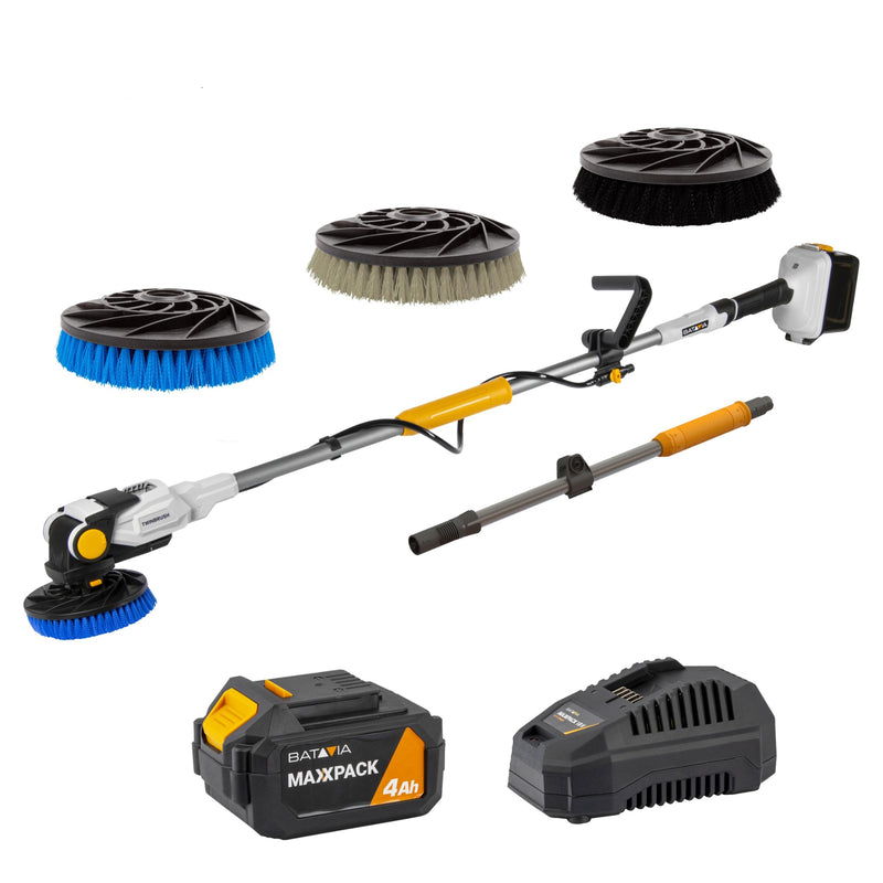 Cargue la imagen en el visor de la galería, Twin Brush 18V - Cepillo Rotativo de Limpieza de Batería sin Escobillas - Incl. Batería de 4,0 Ah y cargador rápido + 3 cepillos y palo extensible