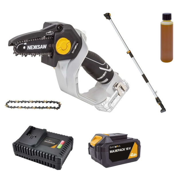 Load image into Gallery viewer, 18V Nexxsaw Cordless One-Hand Chainsaw 6'' – Complete Set with Titanium Chain, Oil, Battery & Extension Pole