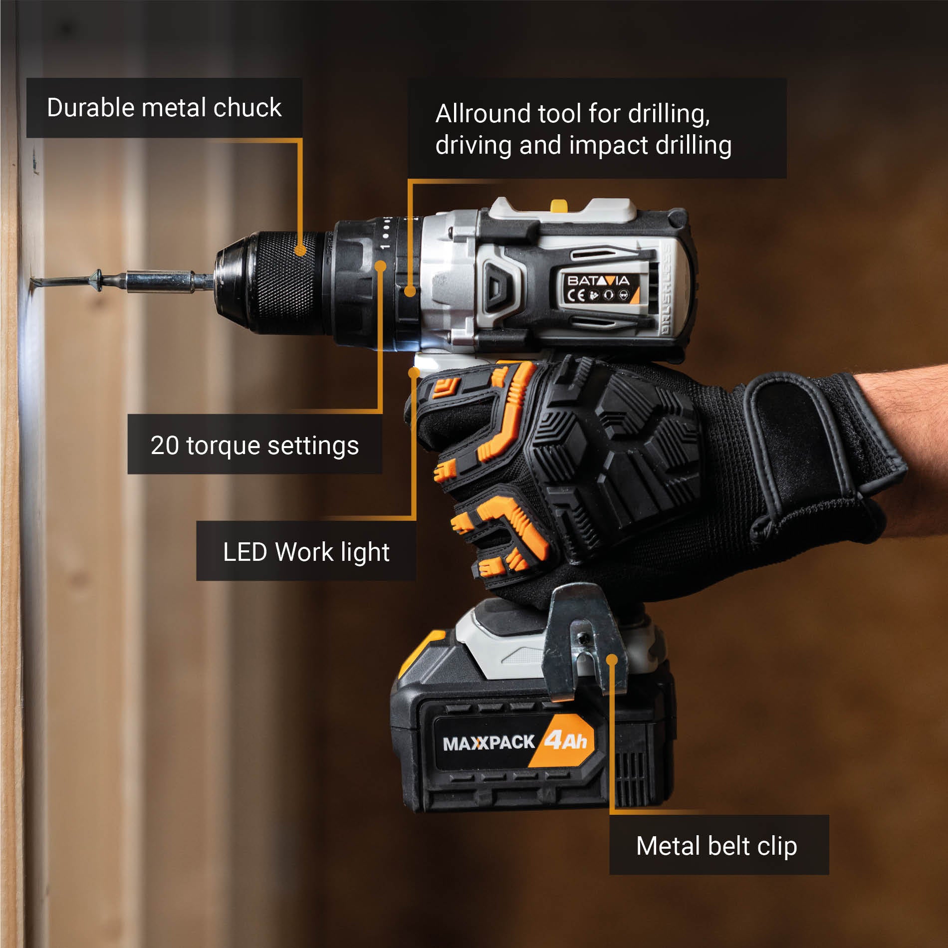 Taladro Combinado Inalámbrico 18V - Incl. 2.0Ah Batería y Cargador