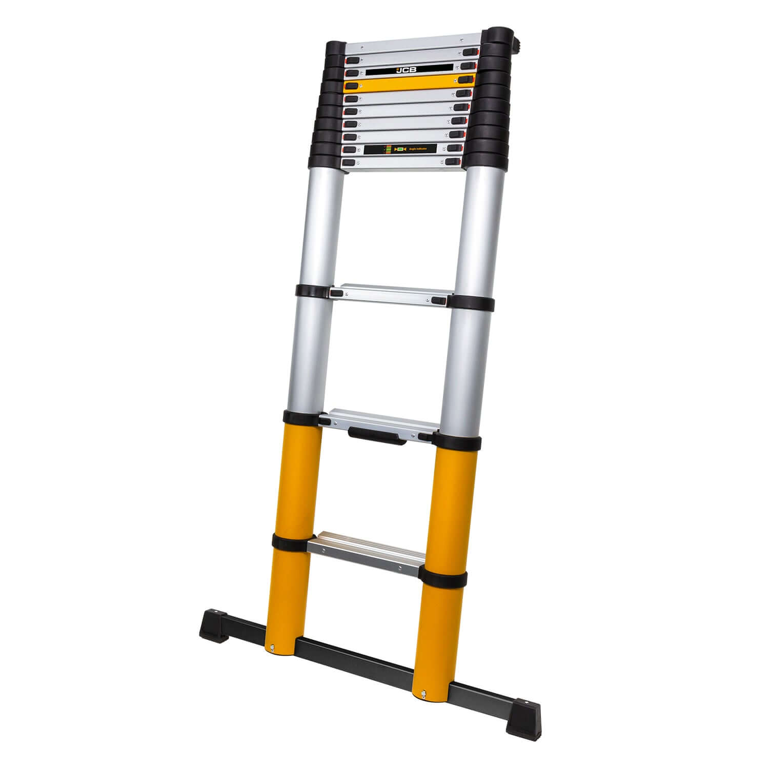 A professional telescopic ladder with orange and black details on the rungs and a stabilizer bar at the base.