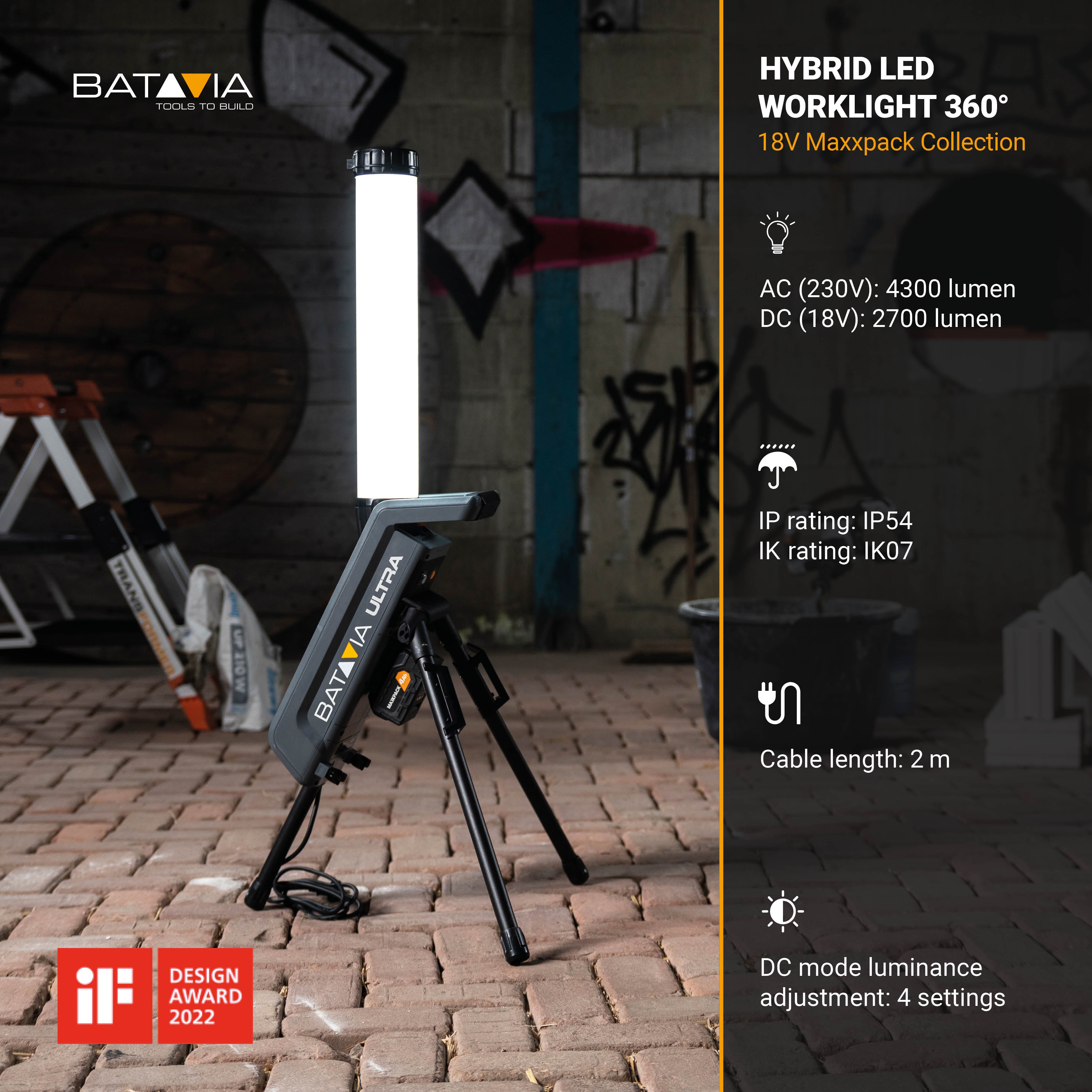 18V Hybride LED Bouwlamp 360° - Incl. 2.0Ah Accu & Lader