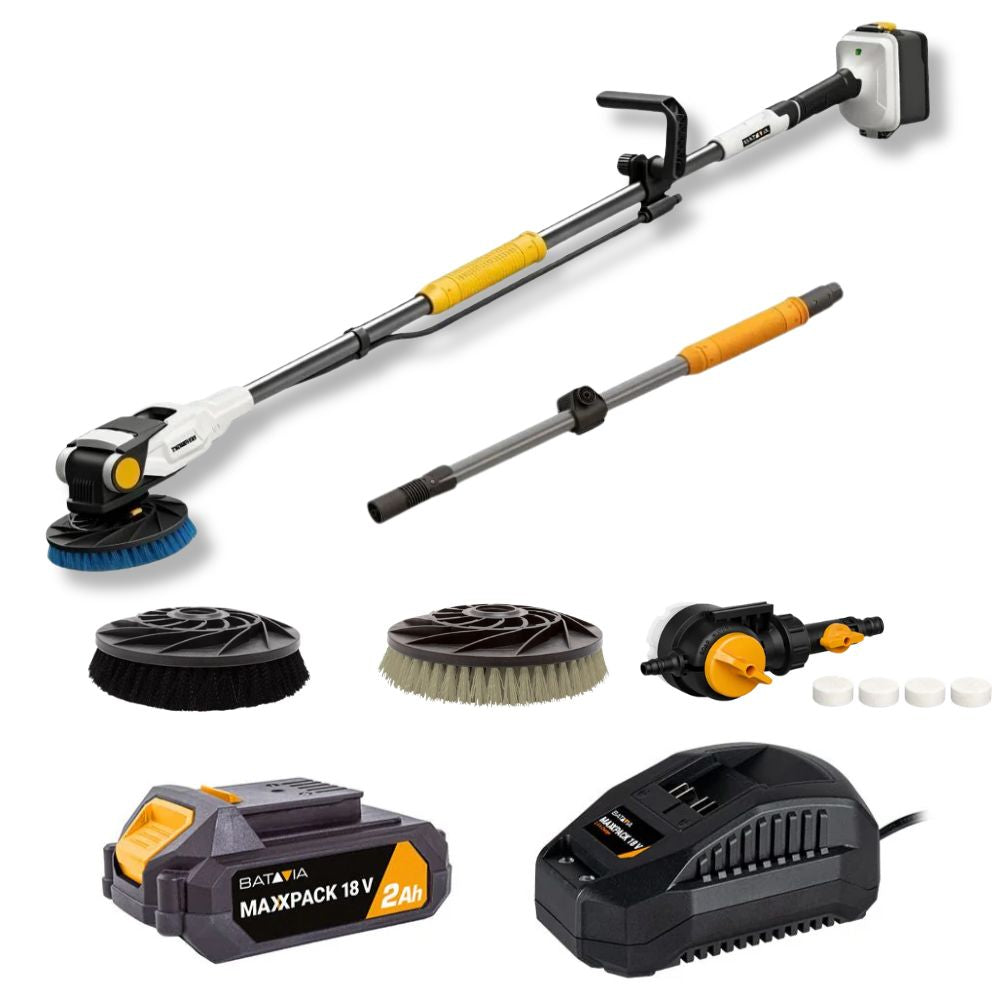 18V Twin Brush Accu Brushless Power Scrubber – Incl. 2.0Ah Accu, 2.4A Oplader, Verlengsteel, Zeepdispenser en Alle Borstels.