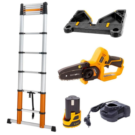 Telescopic Ladder - Incl. Stand-off & Tool Tray & 12V Chainsaw Set