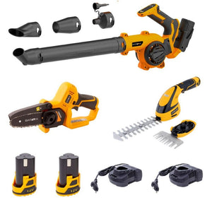 12V Herfst Set – 12V Gras-/Heggenschaar + Mini Kettingzaag + Multi-blazer