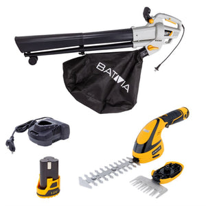 Starter Pack Autunno – Forbici per erba e cespugli a batteria 12V & Soffiatore di foglie 3300W