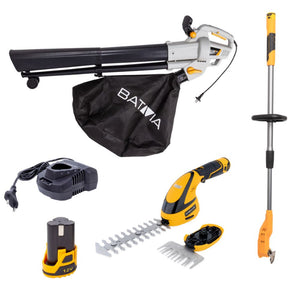 12V Tuin Set – 12V Gras-/Heggenschaar + Fixxbrush Onkruidborstel + 3300W 3-in-1 Bladblazer