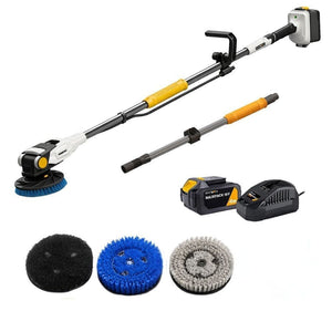 18V Twin Brush - Cordless Brushless Power Scrubber - Incl. 4.0Ah Battery & Fast Charger + 3 Brushes and Extension Pole