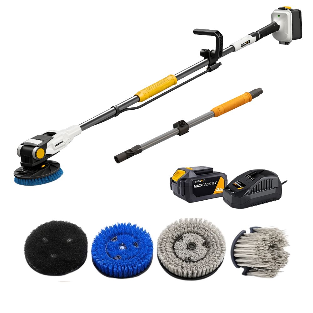 18V Twin Brush - Brushless Accu Reinigingsborstel - Incl. 4.0Ah Accu & Snellader + 4 Borstels en Verlengsteel