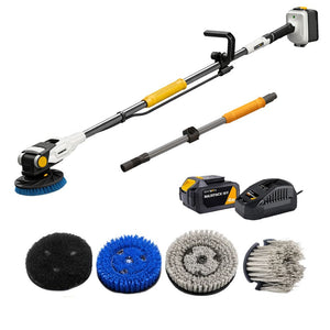 18V Twin Brush - Cordless Brushless Power Scrubber - Incl. 4.0Ah Battery & Fast Charger + 4 Brushes and Extension Pole