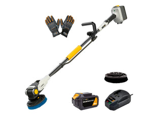 Gardening tool set with brush cutter, gloves, battery, and charger on a white background