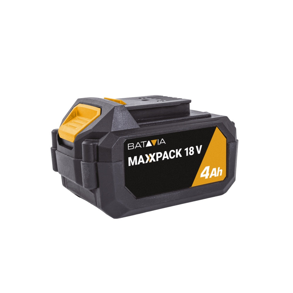Battery pack with 'MAXPACK 18V 4Ah' label on a white background