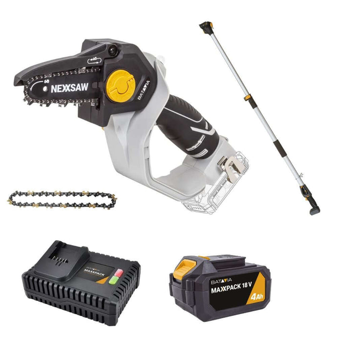 18V Nexxsaw accu éénhands-kettingzaag 6'' Volledige Set - 4.0Ah Batterij, Snellader, Verlengsteel & Titanium Ketting