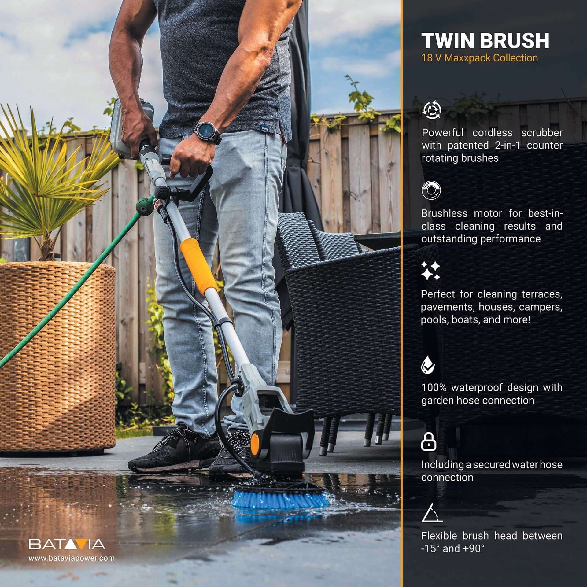 Twin Brush 18V - Brosse Motorisée sans fil Moteur Brushless - Incl. Batterie 4,0Ah et chargeur rapide + 4 brosses et une rallonge