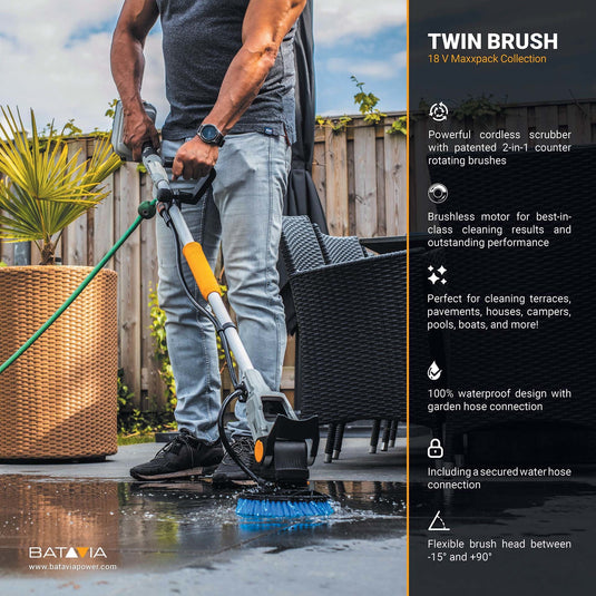 Twin Brush® Akku-Reinigungsbürste 18V | Inkl. 4,0Ah Akku, Schnell-Ladegerät, Verlängerungsstiel und aller Bürsten